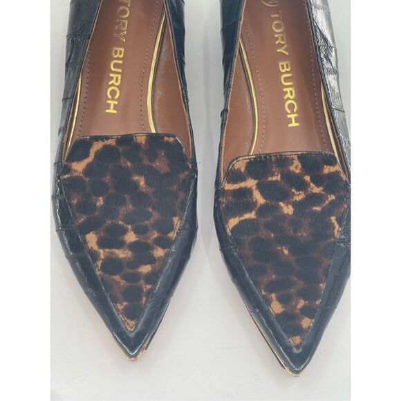 Tory Burch Loafer Lila Calf Hair Women 7 Leopard Black Leather Pointed Toe - Picture 5 of 11